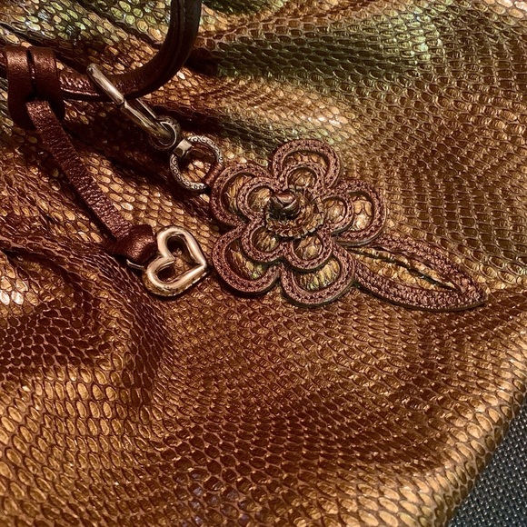 BRIGHTON Golden Bronze Leather Mock Snake Skin Shoulder Bag Purse mobwife style - Picture 8 of 10